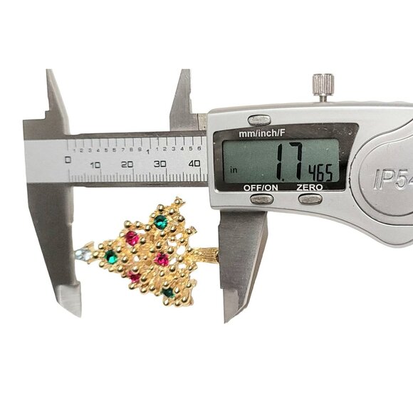 Gold Tone Red Green Rhinestone Christmas Tree Lapel Pin - Picture 5 of 6